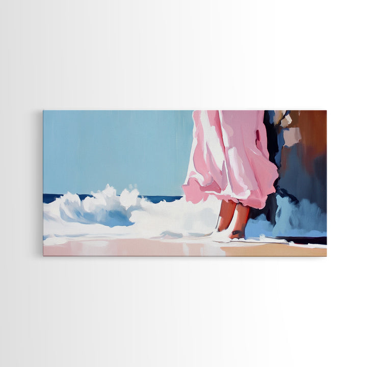 Ocean Breeze, Pink Dress, Coastal Art, Modern Seascape, Minimalist Wall Art, Living Room Decor, Beach Aesthetic, Canvas Print