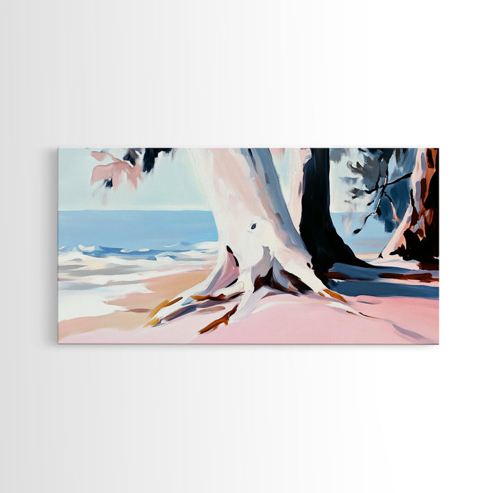 Beach Tree, Coastal Roots, Modern Nature Art, Minimalist Seascape, Living Room Wall Art, Tranquil Landscape, Canvas Print
