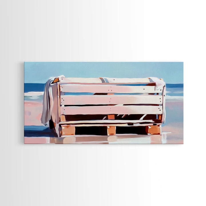 Beach Crate, Coastal Chic, Minimalist Seaside Art, Relaxing Ocean Decor, Modern Nautical Aesthetic, Living Room Wall Art, Canvas Print