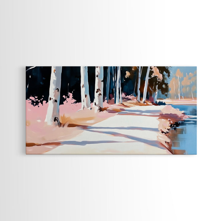 Birch Path, Autumn Landscape, Tranquil Nature Art, Minimalist Forest Print, Warm Neutral Tones, Living Room Wall Art, Canvas Print