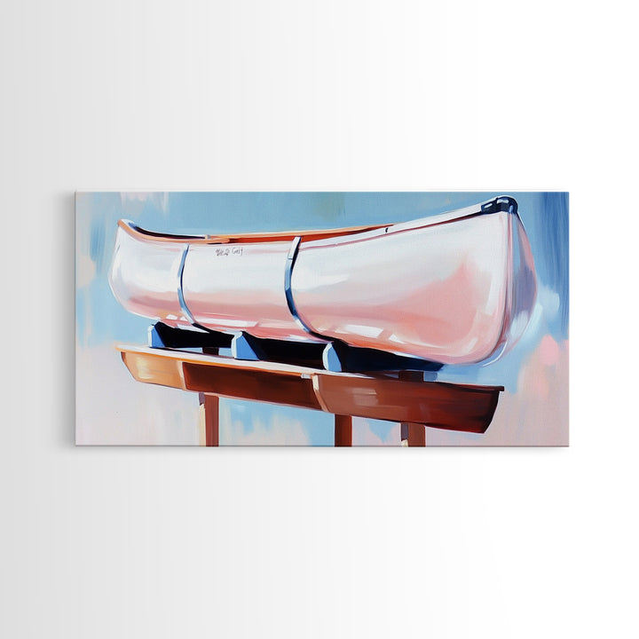 Canoe, Dockside View, Rustic Adventure Art, Cabin Wall Decor, Nature Inspired Aesthetic, Outdoor Enthusiast Gift, Framed Canvas Print