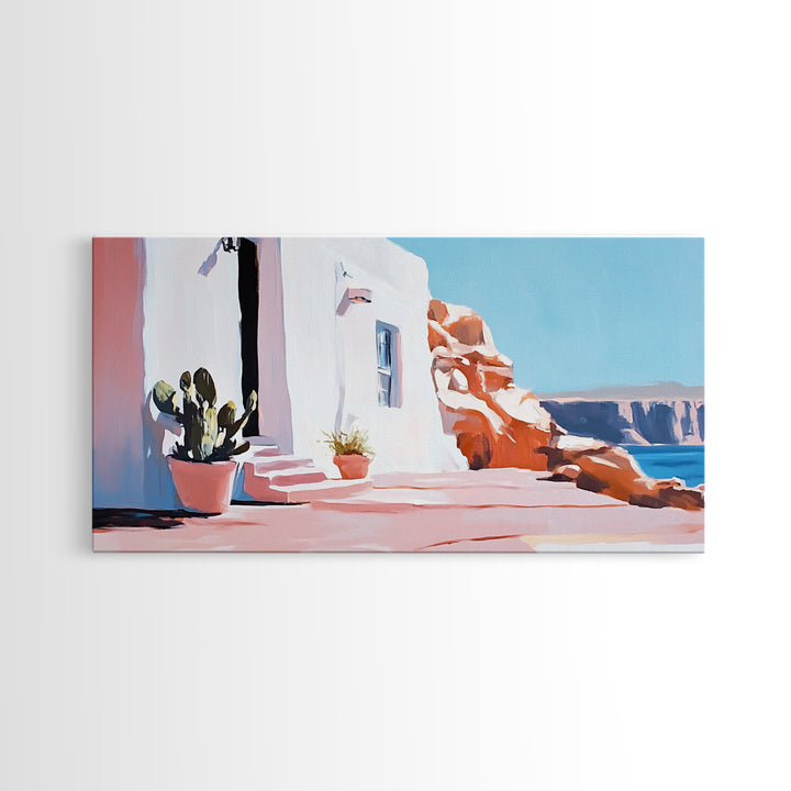 Cliffside House, Mediterranean Wall Art, Travel Print, Santorini Inspired Decor, Minimalist Aesthetic, Framed Canvas Print, Living Room