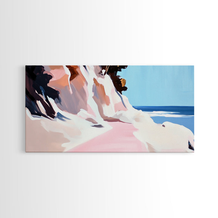 Coastal Path, Beach Cliffside Art, Ocean Landscape Print, Tranquil Summer Wall Art, Minimalist Pastel Decor, Framed Canvas Print