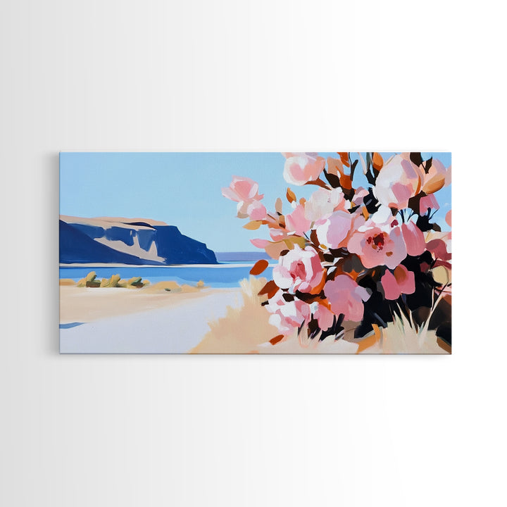 Coastal Flowers, Blue Ocean, Beach Aesthetic, Vibrant Nature Art, Boho Wall Decor, Bedroom Art, Pink Floral Scene, Canvas Print