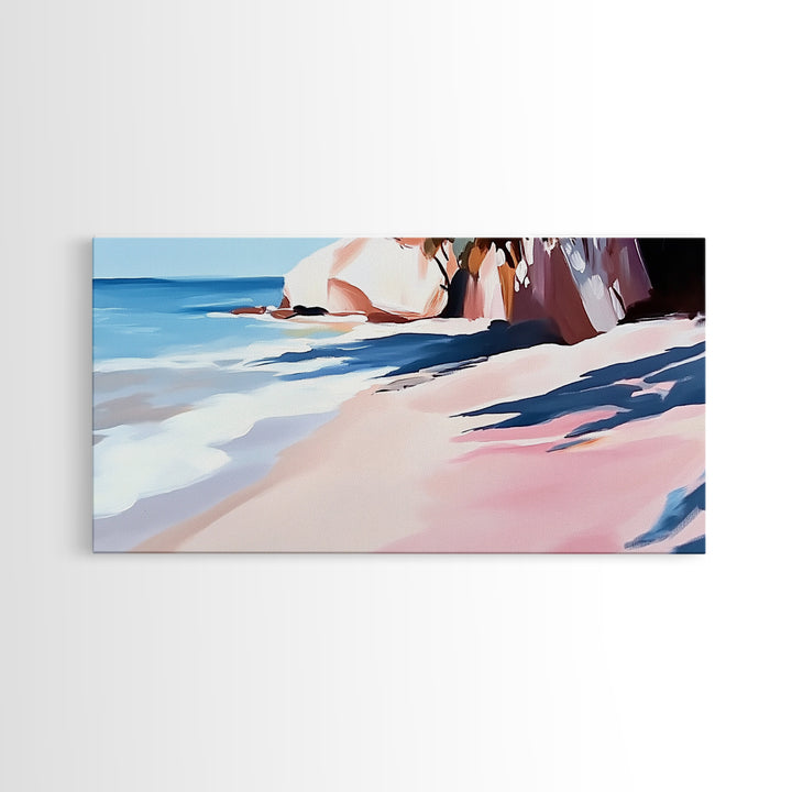 Ocean Shoreline, Rocky Beach, Blue Waves, Canvas Print, Modern Coastal Art, Beach House Decor, Living Room Wall Art, Minimalist Seascape