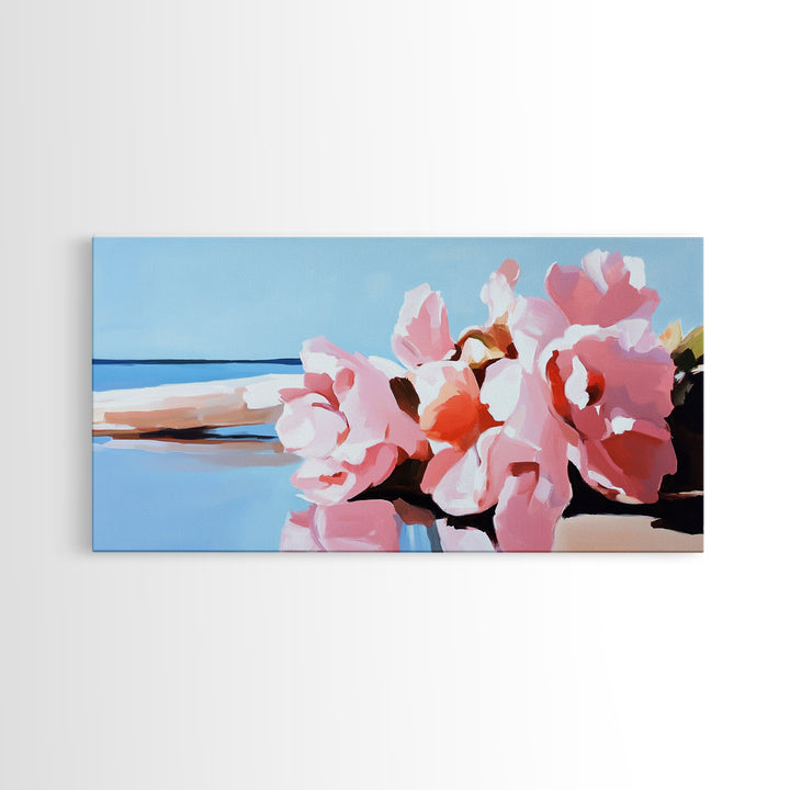 Beach Flowers, Coastal Art, Pink Peonies, Seaside Decor, Framed Canvas Print, Living Room Wall Art, Romantic Art, Boho Aesthetic