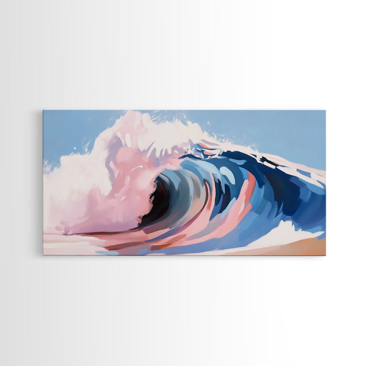 Ocean Wave, Abstract Seascape, Beach Aesthetic, Coastal Home, Canvas Print, Modern Beach House Wall Art, Blue and Pink Waves, Surf Art