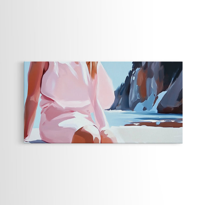 Beach Woman, Summer Aesthetic, Ocean Fashion, Boho Wall Art, Framed Canvas Print, Coastal Beauty, Modern Beach House Decor, Minimalist Artwork