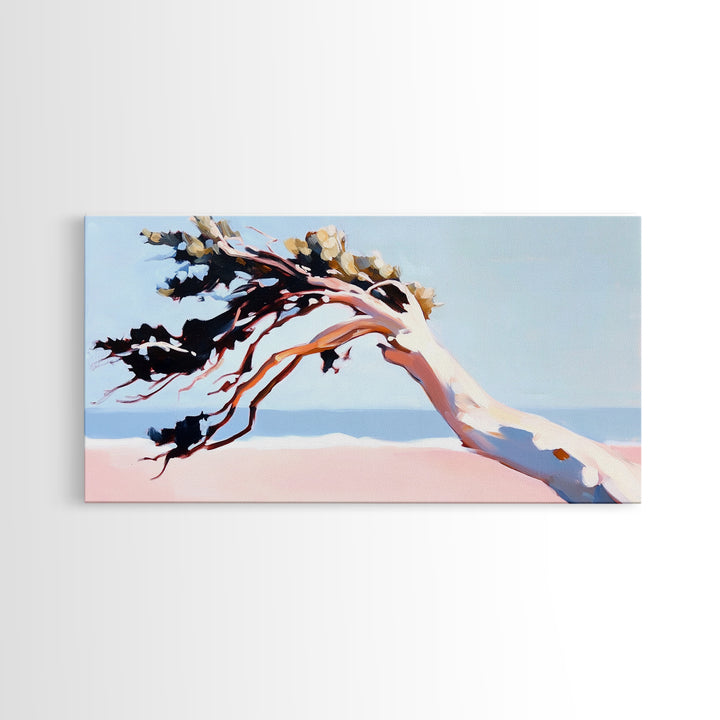 Coastal Tree, Windy Beach, Ocean Breeze, Framed Canvas Print, Minimalist Art, Coastal Wall Art, Living Room Wall Art, Beach House Decor