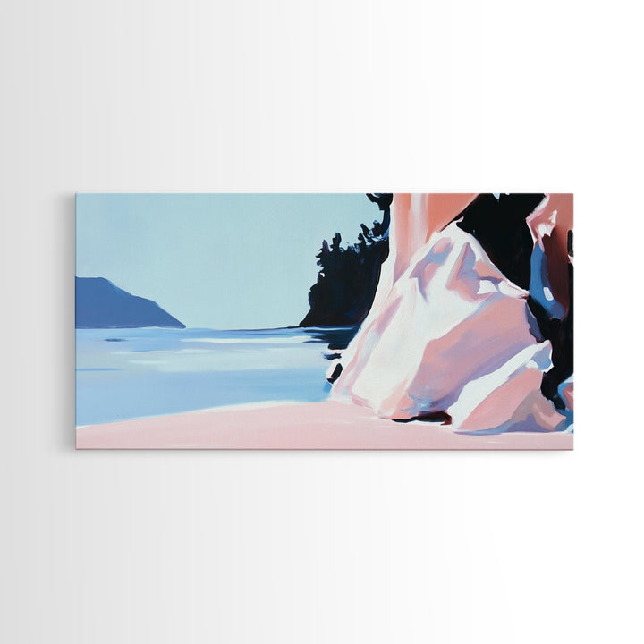 Cliffside View, Tranquil Waters, Framed Canvas Print, Coastal Wall Art, Minimalist Landscape, Serene Home Decor, Blue and Blush Tones