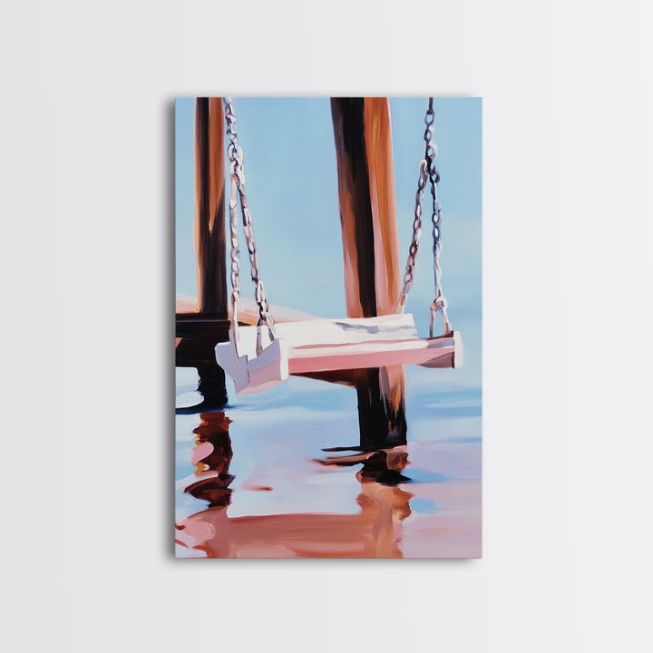 Dock Swing, Reflection Art, Nautical Decor, Relaxing Beach Scene, Minimalist Water Art, Canvas Print, Coastal Wall Art, Rustic Charm
