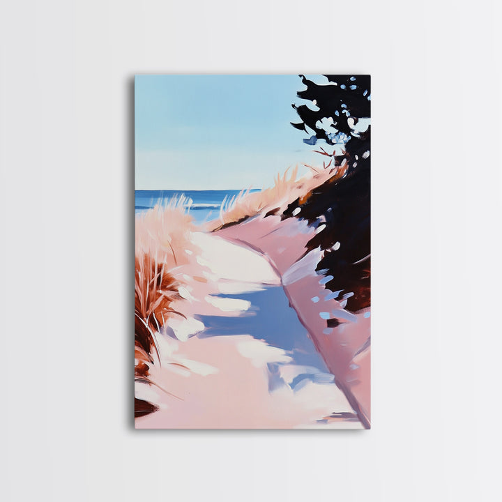 Coastal Dunes, Seaside Pathway, Beach Grass, Tranquil Nature Scene, Canvas Print, Living Room Wall Art, Soft Pastel Landscape