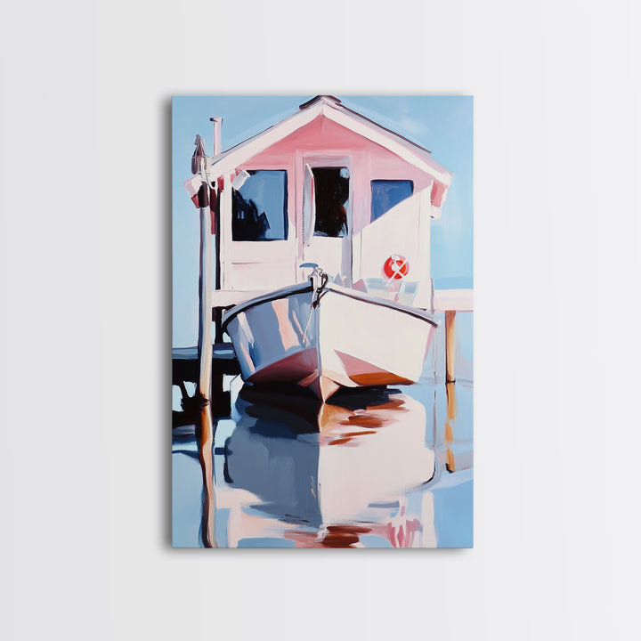 Boat Dock, Harbor Scene, Nautical Home Art, Coastal Wall Decor, Framed Canvas Print, Minimalist Beach Art, Modern Painting, Boho Art