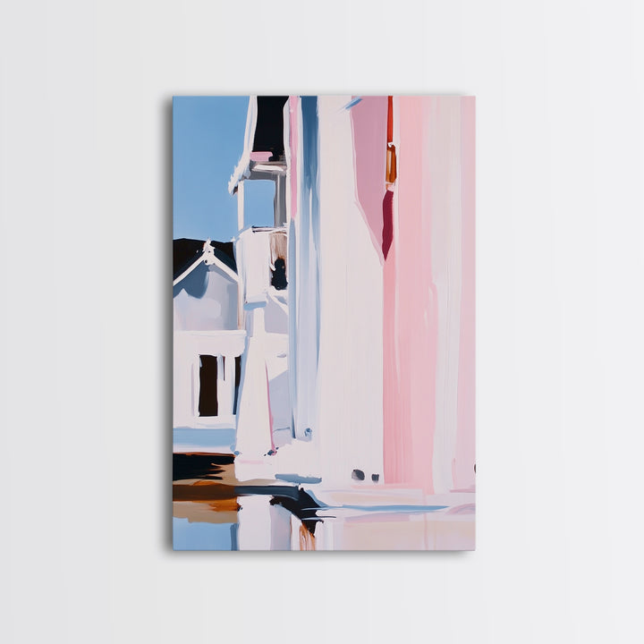 Pink Cityscape, Modern Architecture, Framed Canvas Print, Minimalist Wall Art, Soft Pastel Decor, Urban Home Design, Contemporary Aesthetic