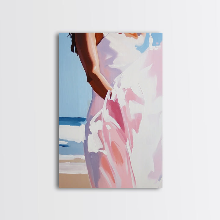 Beach, Dress, Breeze, Feminine, Canvas Print, Minimalist Art, Soft Pastel Art, Bedroom Wall Art, Aesthetic Home Decor, Coastal Wall Hanging