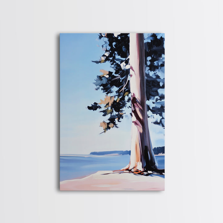 Coastal Tree, Lakeside Art, Tranquil Scene, Framed Canvas Print, Serene Nature Art, Minimalist Landscape, Living Room Wall Art