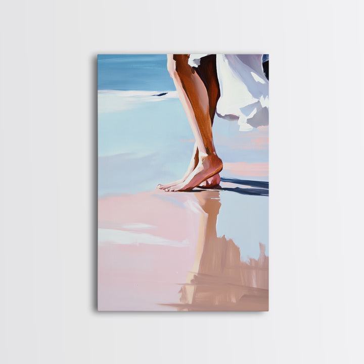 Barefoot Walk, Beach Reflection, Seaside Painting, Framed Canvas Print, Coastal Home Decor, Boho Art, Relaxing Bedroom Wall Art