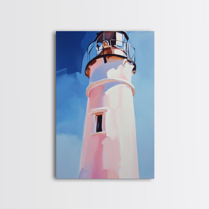 Coastal Lighthouse, Nautical Wall Art, Ocean Beach House, Framed Canvas Print, Minimalist Art, Living Room Wall Decor, Blue Sky
