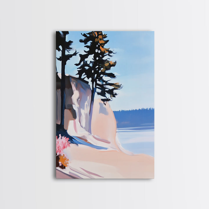 Cliffside View, Coastal Landscape Art, Ocean Breeze, Boho Wall Decor, Minimalist Painting, Relaxing Home Art, Framed Canvas Print, Scenic