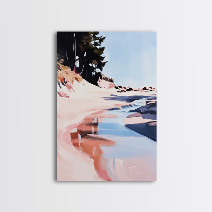 Coastal Forest Scene, Beach Landscape Art, Minimalist Seaside Painting, Framed Canvas Print, Boho Wall Decor, Nature Lover Gift, Bedroom Art