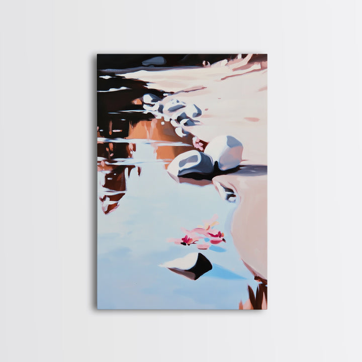 River Rock Art, Abstract Water Reflection, Serene Nature Print, Framed Canvas Print, Boho Landscape, Minimalist Decor, Living Room Art