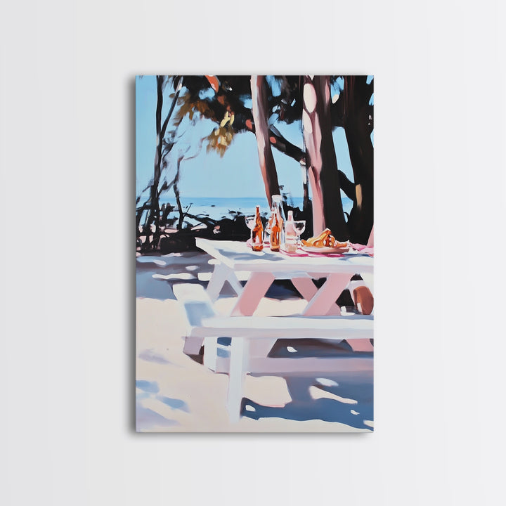 Picnic Wine, Beach Art, Coastal, Relaxing, Dining, Summer, Ocean, Boho, Aesthetic, Outdoor Living, Pastel, Canvas Print