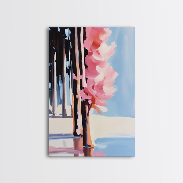 Pink Blossoms, Nature, Floral, Botanical, Spring, Bloom, Elegant, Soft Tones, Romantic, Minimalist, Aesthetic, Framed Canvas Print