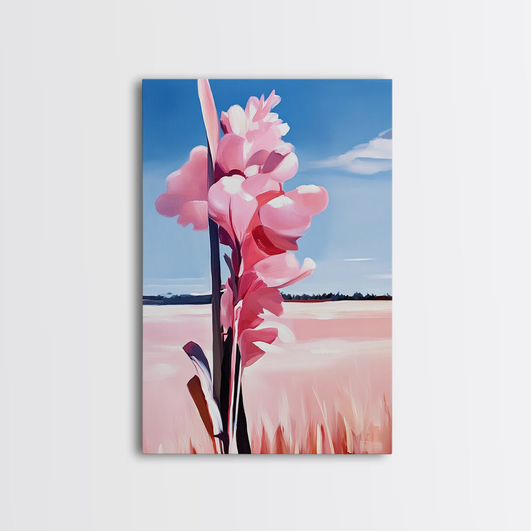 Pink Wildflower, Country Landscape, Nature Scene, Rustic Home Decor, Farmhouse Art, Spring Aesthetic, Framed Canvas Print, Entryway