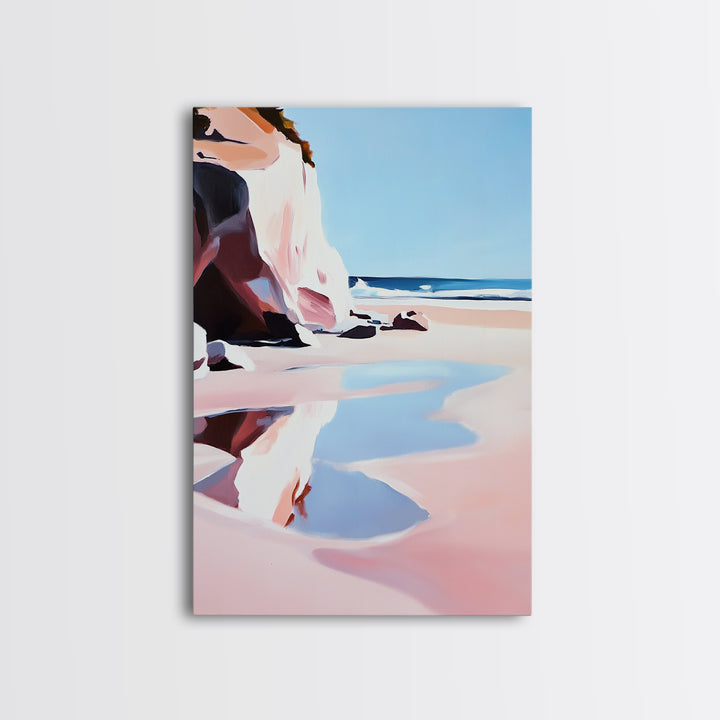 Cliffside Beach, Coastal Retreat, Relaxing Seascape, Ocean View, Soft Pastels, Tranquil Art, Summer Vibes, Framed Canvas Print