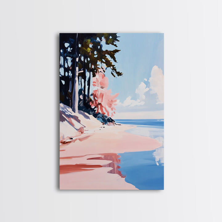 Pine Trees, Coastal Forest, Nature Escape, Lake View, Rustic Art, Peaceful Landscape, Blue and Green, Framed Canvas Print, Cabin Decor