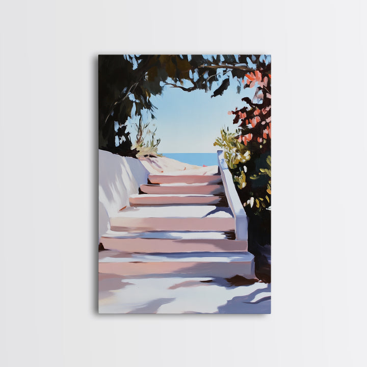Beach Stairs, Seaside Getaway, Summer Vibes, Tropical Aesthetic, Warm Sunlight, Coastal Home Decor, Framed Canvas Print, Entryway