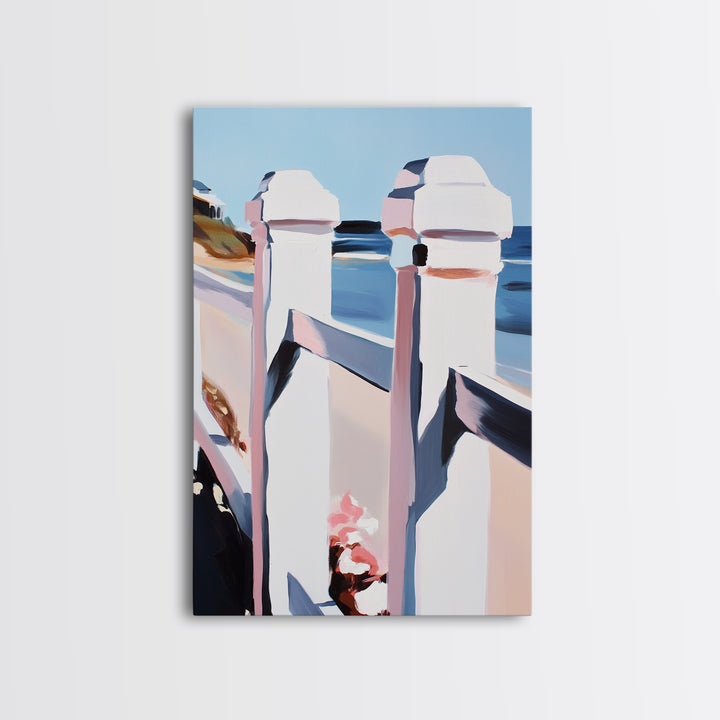 Coastal Railing, Seaside Escape, Nautical Aesthetic, Framed Canvas Print, Beach House Wall Art, Ocean View Decor, Minimalist Blue Art