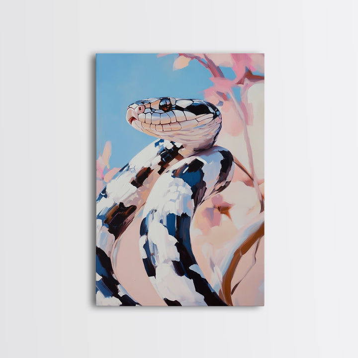 Black and White Snake, Nature Portrait, Wildlife Art, Framed Canvas Print, Jungle Theme Decor, Modern Animal Wall Art, Office Accent