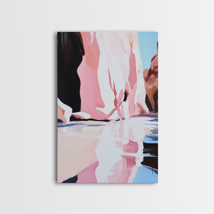 Cliffside Reflection, Coastal Wall Art, Beach House Decor, Blue and Pink Minimalist, Living Room Art, Framed Canvas Print