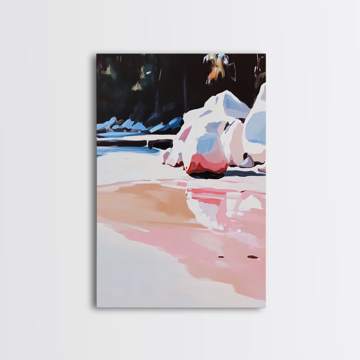 Rocky Shoreline, Water Reflections, Tranquil Landscape, Canvas Print, Nature Inspired Art, Modern Home Decor, Bedroom Wall Art