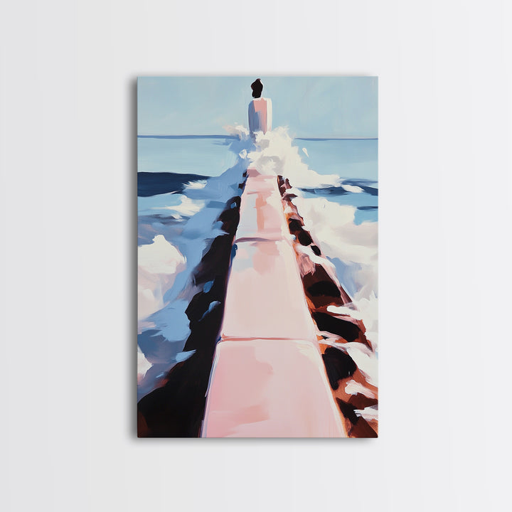 Ocean Walkway, Coastal Landscape, Serene Beach Wall Art, Relaxing Seascape Painting, Framed Canvas Print, Modern Minimalist Wall Art