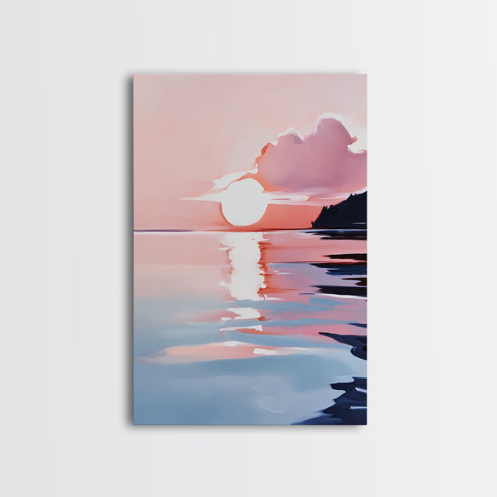 Ocean Sunset, Abstract Seascape Art, Framed Canvas Print, Beach House Wall Art, Modern Coastal Decor, Pink Sky Painting, Bedroom Artwork