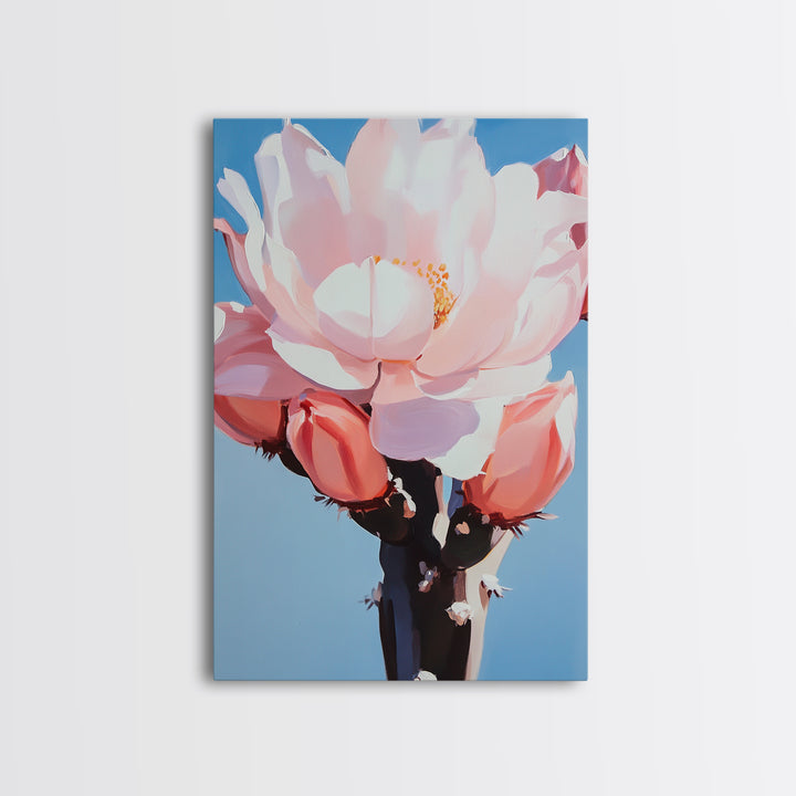 Blooming Cactus, Floral Desert Art, Southwestern Wall Decor, Minimalist Boho Painting, Framed Canvas Print, Pastel Botanical Wall Art