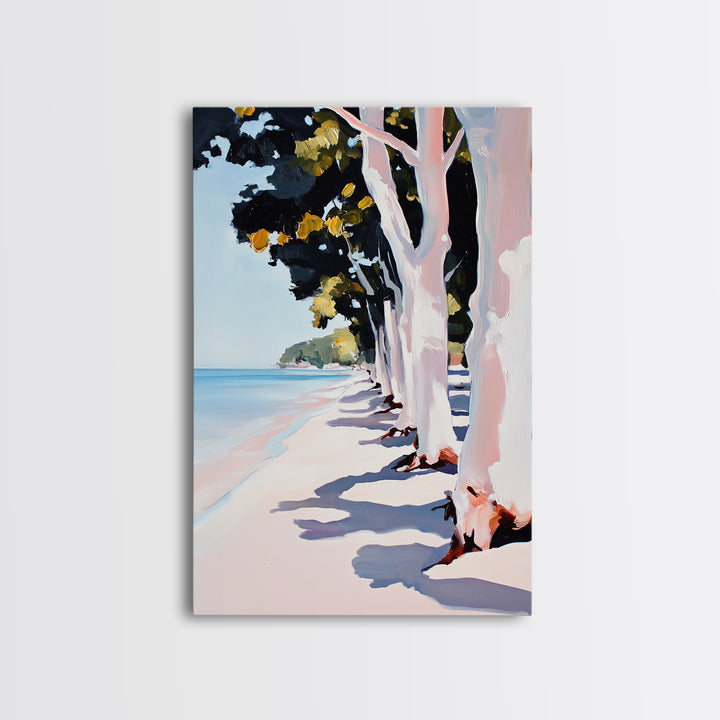 Coastal, Beach Path, Tree Lined, Framed Canvas Print, Ocean View Wall Art, Relaxing Home Decor, Seaside Landscape, Nautical Aesthetic