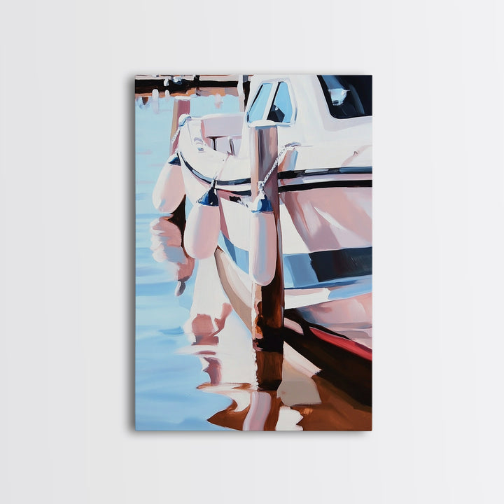 Docked Boat, Nautical Charm, Seaside Painting, Coastal Decor, Summer Vibes, Blue and White Art, Beach House Wall Art, Canvas Print