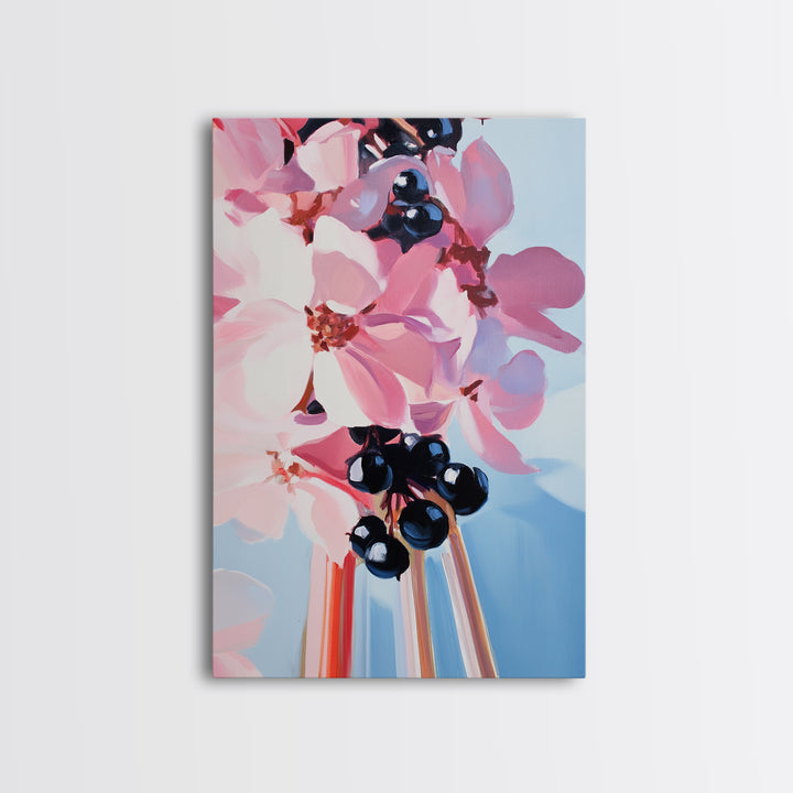 Blooming Flowers, Pink and Blue, Botanical Painting, Soft Aesthetic, Feminine Decor, Floral Home Art, Romantic Wall Art, Canvas Print