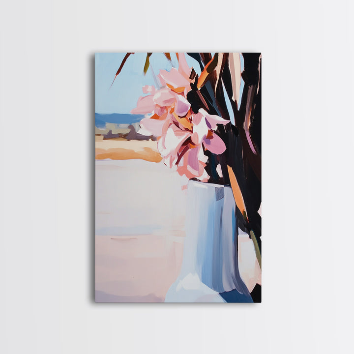 Beach Vase, Coastal Florals, Ocean Breeze, Relaxing Summer Art, Minimalist Aesthetic, Pastel Painting, Living Room Art, Canvas Print