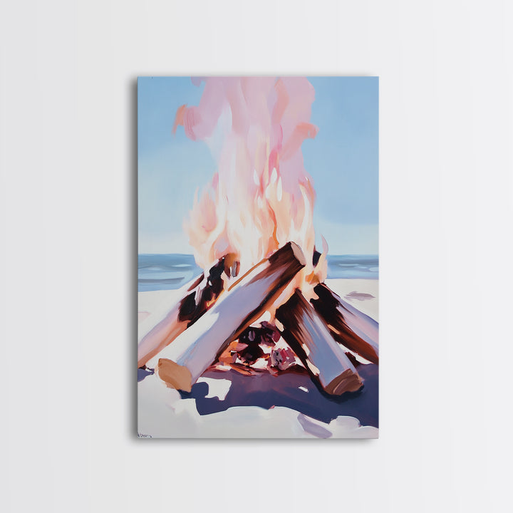 Beach Bonfire, Cozy Fire, Coastal Scene, Canvas Print, Warm Tones, Nautical Decor, Living Room Wall Art, Relaxing Nature Aesthetic