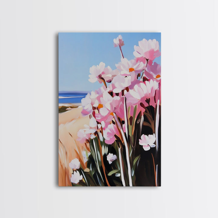 Coastal Flowers, Pink Daisy Art, Floral Beach Decor, Framed Canvas Print, Modern Boho Wall Art, Bedroom Artwork, Summer Aesthetic
