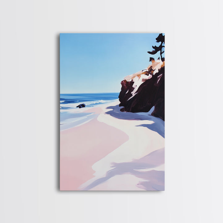 Beach View, Ocean Shore Art, Coastal Landscape Painting, Framed Canvas Print, Living Room Wall Art, Minimalist Seaside Decor