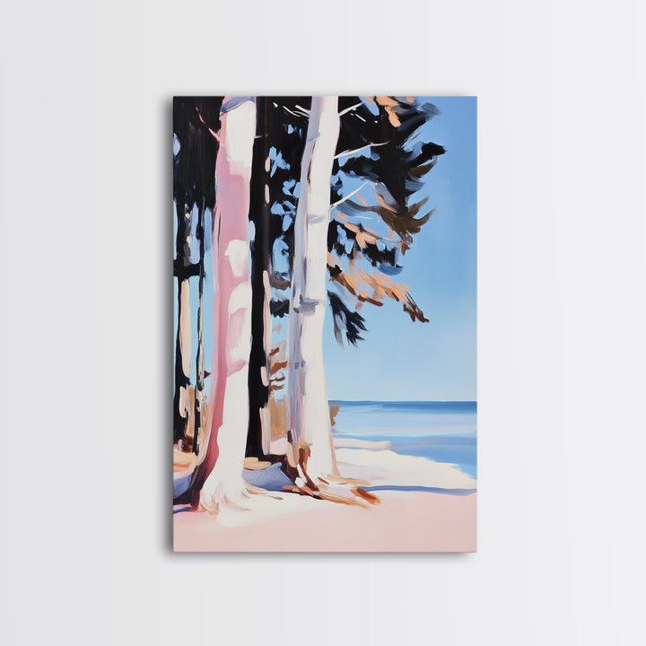 Birch Trees, Lakeside Forest Art, Nature Landscape Print, Framed Canvas Print, Rustic Cabin Decor, Modern Minimalist Wall Art