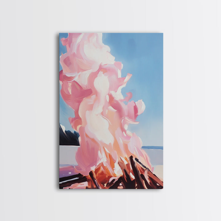 Billowing Smoke, Blazing Flames, Sunset Glow, Framed Canvas Print, Abstract Nature Art, Rustic Living Room Decor, Cozy Cabin Wall Art