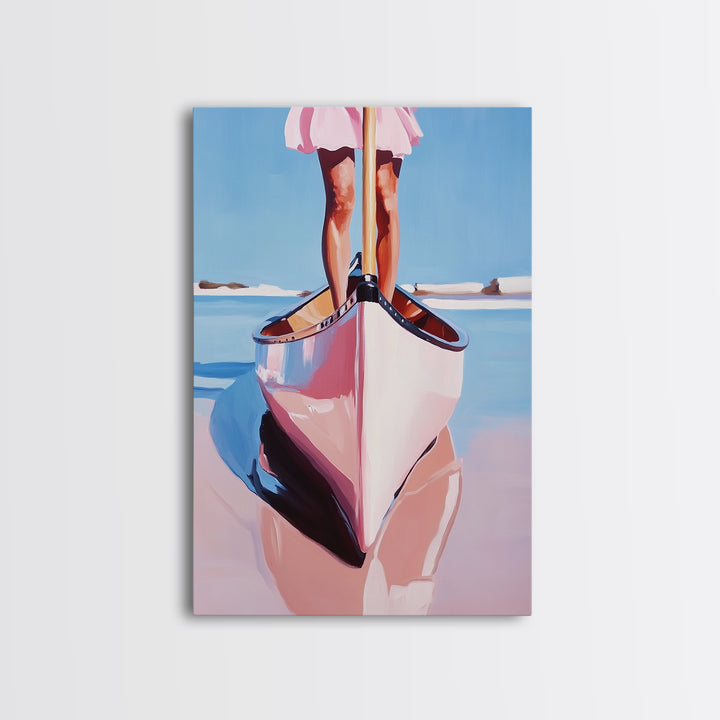 Pink Canoe, Girl, Reflection, Framed Canvas Print, Coastal Wall Art, Nautical Decor, Summer Aesthetic, Beach House Art, Boho Art