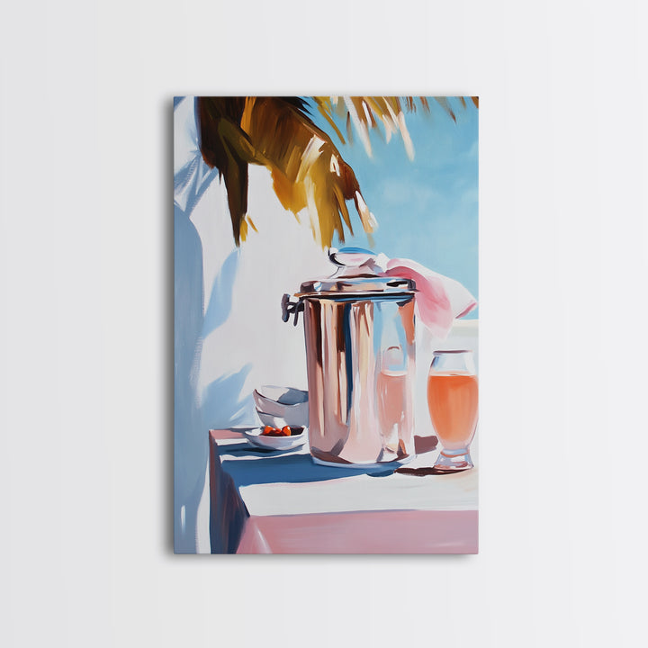 Beach Picnic, Palm Tree, Drinks, Framed Canvas Print, Summer Wall Art, Tropical Aesthetic, Kitchen Art, Coastal Home Decor, Boho Art