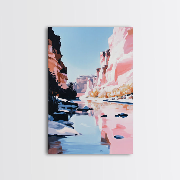 Canyon River, Reflection, Rocks, Framed Canvas Print, Nature Wall Art, Western Decor, Living Room Art, Minimalist Landscape, Boho Art